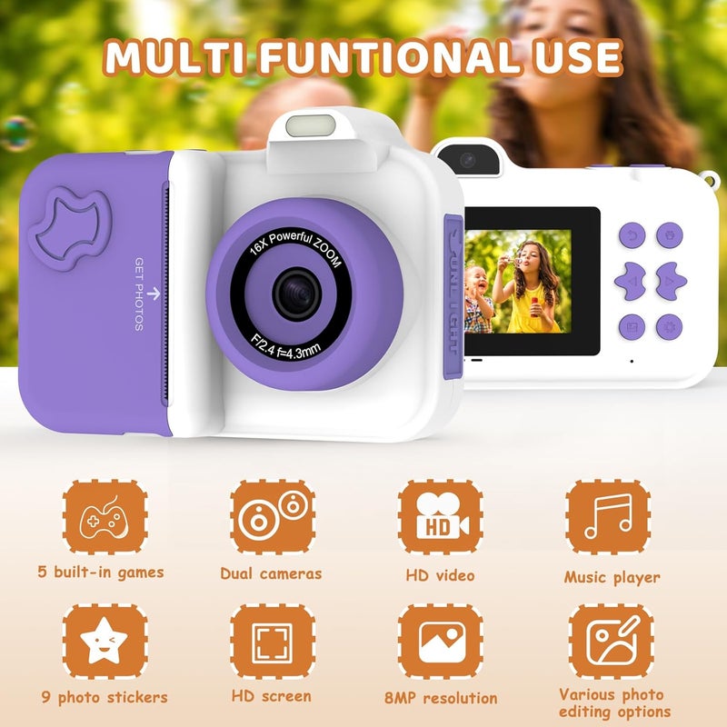 MISIRUN Kids Camera Instant Print, Christmas Birthday Gifts Toys for Girls Boys Age 4 5 6 7 8 9 10 11 12 Years Old,1080P HD Dual-Lens Selfie Digital Camera with 5 Rolls Print Paper Stickers Pens & 32G Card - Image 3